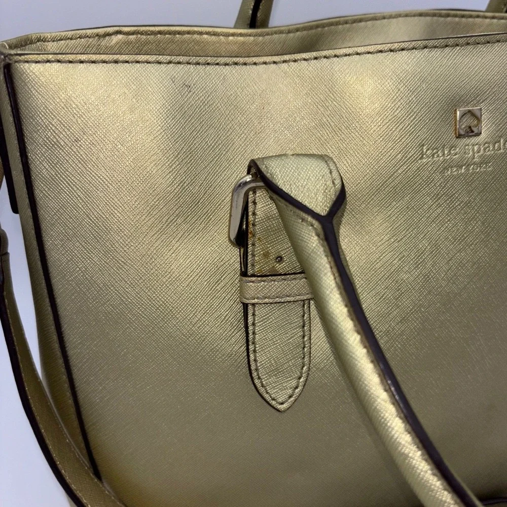 KATE SPADE NEW YORK Gold Satchel Crossbody Handbag Bag Saffiano Leather Metallic
